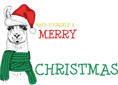 Hình ảnh Llama đội mũ Noel, quàng khăn xanh, với dòng chữ 'Have yourself a Merry Llama Christmas'