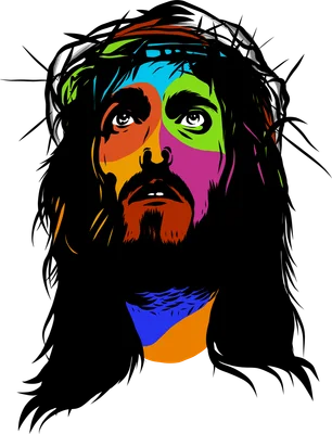 Hình ảnh chân dung Chúa Jesus đội mão gai, khuôn mặt được tô màu theo phong cách pop art với các mảng màu rực rỡ.