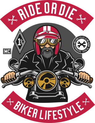 Hình minh họa biker đội mũ bảo hiểm lái xe mô tô phong cách retro với dòng chữ Ride or Die