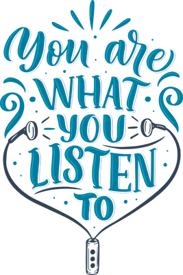 Hình ảnh typography với dòng chữ You Are What You Listen To màu xanh ngọc và trắng, kết hợp tai nghe và họa tiết trang trí trên nền xám.