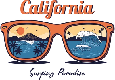 Hình minh họa kính mát với cảnh biển California, sóng lướt ván và mặt trời lặn phong cách retro