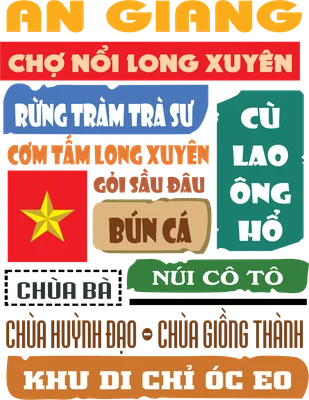 Thiết kế typography An Giang với các địa danh, món ăn nổi tiếng: Chợ Nổi Long Xuyên, Rừng Tràm Trà Sư, Bún Cá, Cù Lao Ông Hổ, Núi Cô Tô, Chùa Bà, Khu Di Chỉ Óc Eo và cờ Việt Nam.
