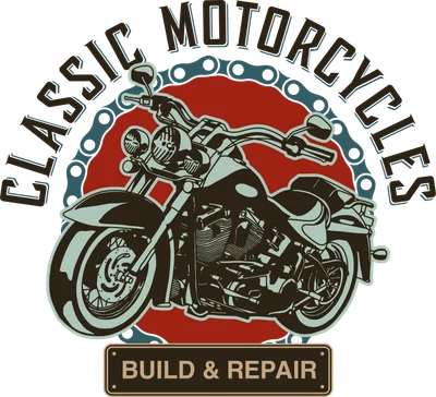 Hình ảnh minh họa xe máy cổ điển với dòng chữ 'CLASSIC MOTORCYCLES' và 'BUILD & REPAIR'
