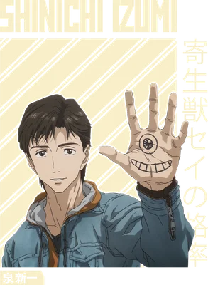 Hình ảnh Shinichi Izumi với ký sinh trùng vẽ trên lòng bàn tay, phong cách anime.