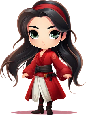Cô gái chibi tóc đen mắt xanh trang phục đỏ truyền thống