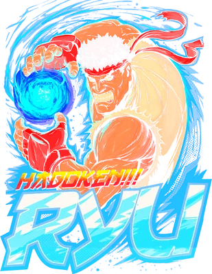 Hình ảnh nhân vật Ryu trong Street Fighter tung chiêu Hadoken, với chữ "HADOKEN!!! RYU" phía dưới.