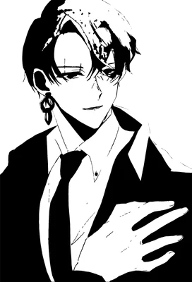 Hình ảnh chân dung nam thần phong cách anime, mặc vest đen, cà vạt, đeo khuyên tai, biểu cảm bí ẩn.
