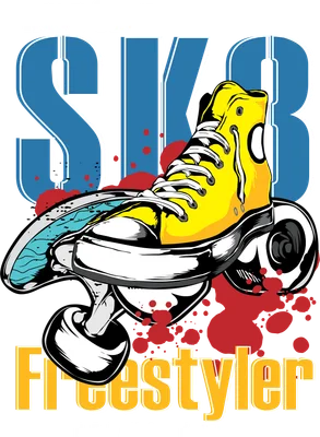 Hình ảnh minh họa giày sneaker màu vàng trên ván trượt, có chữ 'SK8 Freestyler' và các vệt màu đỏ.