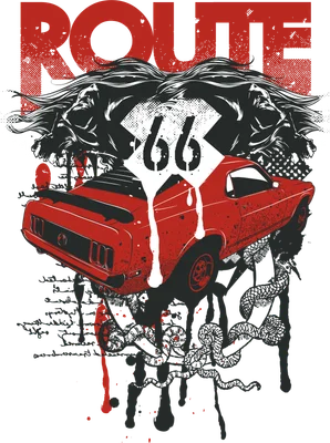 Thiết kế đồ họa xe hơi cổ điển màu đỏ với biểu tượng Route 66 và họa tiết đầu thú phong cách grunge