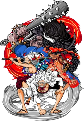 Hình ảnh minh họa các nhân vật Monkey D. Luffy Gear 5, Kaido và Yamato từ One Piece.