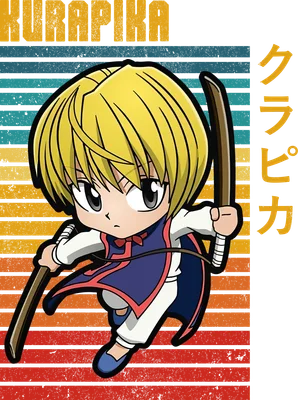 Hình ảnh chibi Kurapika dễ thương cầm gậy, nền sọc màu cam, đỏ, xanh dương.