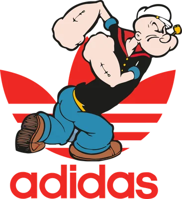 Hình ảnh Thủy thủ Popeye với cơ bắp cuồn cuộn, đang hút tẩu, đứng trước logo Adidas ba sọc đỏ trên nền xám.