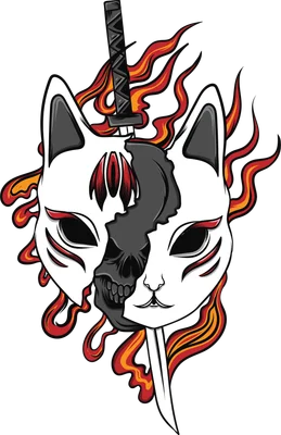 Hình minh họa mặt nạ cáo Kitsune trắng bị vỡ, lộ ra đầu lâu xám, có kiếm katana xuyên qua và ngọn lửa đỏ cam bùng cháy.