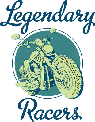 Hình ảnh minh họa xe máy cổ điển với dòng chữ 'Legendary Racers', phong cách vintage.