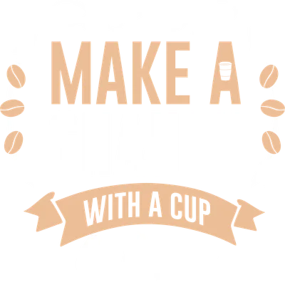 Thiết kế chữ "Make a Change with a Cup of Coffee" với hạt cà phê và mũi tên, trên nền xám.