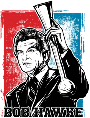 Hình minh họa chân dung Bob Hawke cầm ly bia phong cách đồ họa grunge