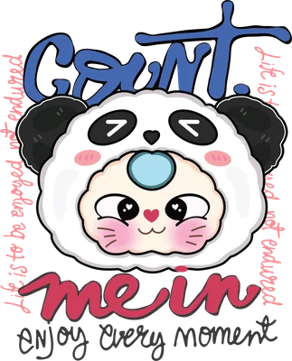 Hình minh họa nhân vật chibi đội mũ gấu trúc màu trắng đen, má hồng, mắt trái tim, kèm chữ 'Count me in' và thông điệp tích cực trên nền xám.