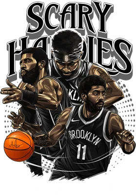 Hình ảnh minh họa Kyrie Irving trong trang phục Brooklyn Nets với dòng chữ "Scary Hours" và "Kyrie Irving"