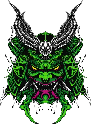 Hình ảnh mặt nạ Samurai màu xanh lá cây với chi tiết sừng quỷ dữ, răng nanh và mắt vàng.