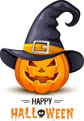Hình ảnh minh họa bí ngô cười tươi đội mũ phù thủy đen, có chữ Happy Halloween.