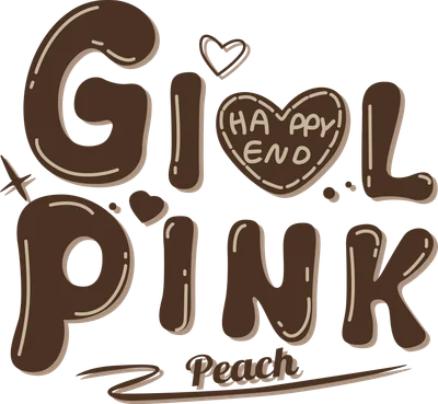 Hình in chữ GIRL PINK màu nâu với viền kem, chữ I là trái tim có HAPPY END, kèm chữ Peach và họa tiết trái tim nhỏ.