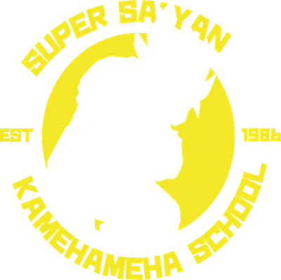 Hình ảnh nhân vật Songoku Super Saiyan với chiêu thức Kamehameha, bao quanh bởi vòng tròn vàng và chữ "Super Saiyan Kamehameha School"