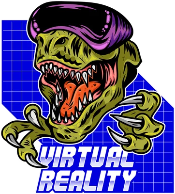 Hình minh họa khủng long T-Rex đeo kính thực tế ảo VR phong cách đồ họa retro gaming
