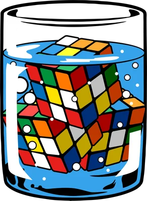 Hình minh họa khối Rubik nhiều màu sắc ngâm trong ly nước với các bọt khí.