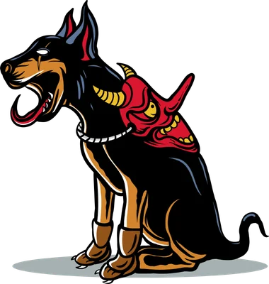 Hình minh họa chó Doberman đen vàng ngồi, miệng há, đeo mặt nạ quỷ Hannya đỏ trên lưng