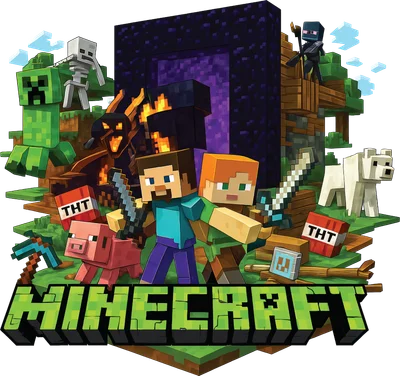 Hình ảnh Minecraft với các nhân vật Steve, Alex, Creeper, Skeleton, Enderman, Pig, Wolf, Portal, Rồng Lửa và logo Minecraft.
