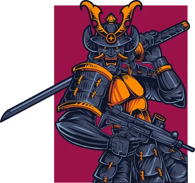 Hình minh họa chiến binh samurai đeo mặt nạ, mặc giáp, cầm kiếm katana và súng trường hiện đại, trên nền đỏ và xám.