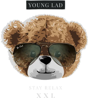 Hình ảnh chú gấu bông màu nâu đeo kính râm aviator trên nền xám, với các dòng chữ 'YOUNG LAD', 'STAY RELAX', 'XXL'.
