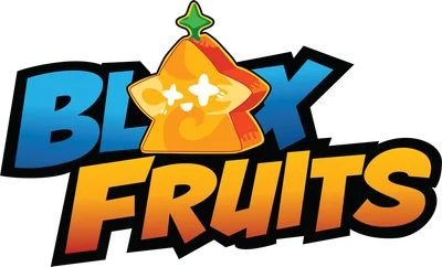 Logo Blox Fruits với nhân vật trái cây màu vàng cam và chữ màu xanh dương, cam.