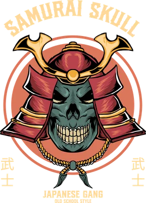 Hình minh họa đầu lâu Samurai đội mũ giáp đỏ vàng, phong cách Nhật Bản cổ điển với chữ Hán và chữ tiếng Anh.