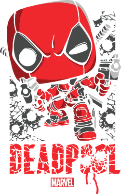 Hình ảnh Deadpool phiên bản chibi dễ thương, mặc bộ đồ đỏ đen, cầm hai khẩu súng, có chữ DEADPOOL và logo MARVEL.