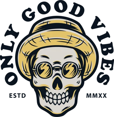 Hình minh họa đầu lâu hoạt hình đội mũ rơm và kính râm, với dòng chữ 'ONLY GOOD VIBES' xung quanh, phong cách retro.