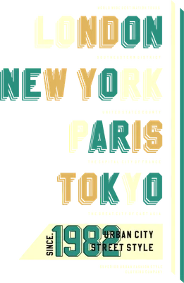 Thiết kế chữ phong cách retro với tên các thành phố London, New York, Paris, Tokyo và năm 1982.