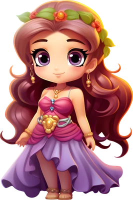 Hình ảnh cô gái chibi dễ thương với mái tóc nâu dài, đôi mắt to màu tím, mặc váy hồng tím, đeo vòng hoa trên đầu và trang sức vàng.