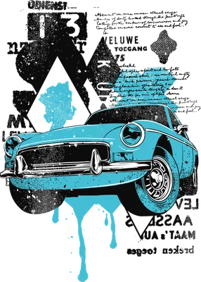 Hình in xe hơi cổ điển màu xanh dương kết hợp typography phong cách retro bụi bặm