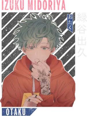 Hình vẽ anime Izuku Midoriya mặc áo hoodie cam, hình xăm hoa trên cánh tay, đeo nhẫn.