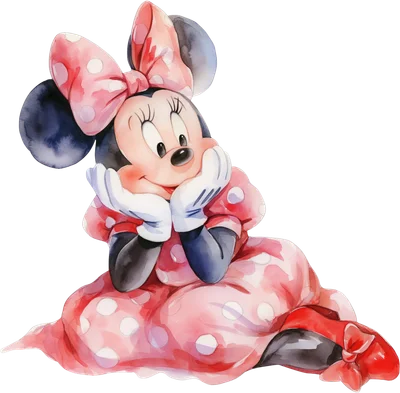 Hình ảnh Minnie Mouse hoạt hình dễ thương ngồi tựa cằm, mặc váy hồng chấm bi phong cách màu nước.