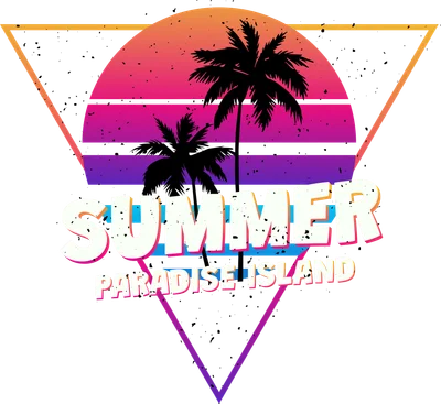 Hình ảnh phong cách retro với hoàng hôn gradient, cây dừa đen, chữ 'SUMMER PARADISE ISLAND' và khung tam giác grunge.