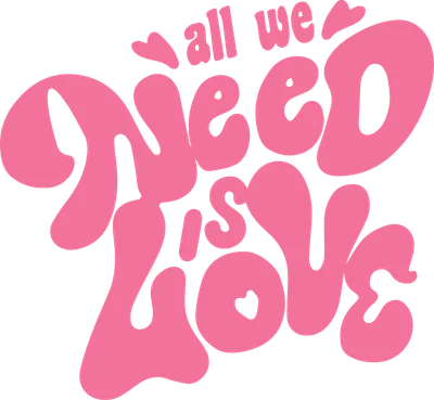Chữ 'All We Need Is Love' màu hồng với phông chữ uốn lượn phong cách groovy trên nền xám.