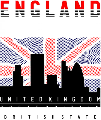 Thiết kế đồ họa skyline thành phố London với nền cờ Anh Union Jack phong cách hiện đại