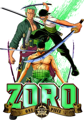 Hình ảnh Roronoa Zoro với ba thanh kiếm, thể hiện các tư thế chiến đấu khác nhau, cùng logo One Piece.