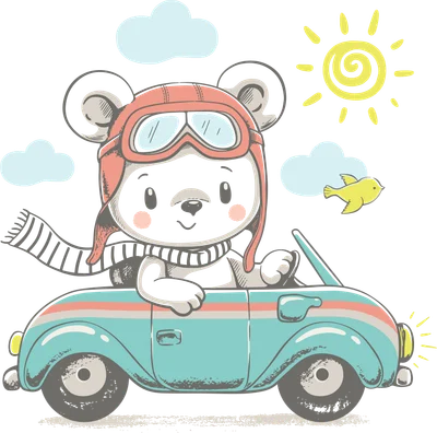 Hình vẽ chú gấu đội mũ phi công, đeo kính, quàng khăn, lái xe mui trần màu xanh dưới bầu trời có nắng và mây.