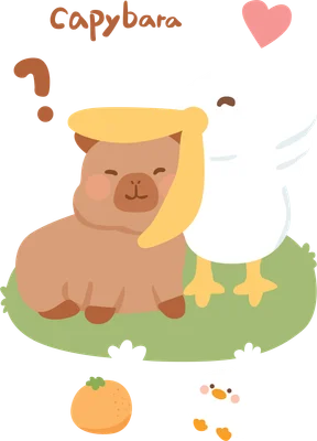 Hình minh họa capybara màu nâu và vịt trắng dễ thương, phong cách hoạt hình, trên nền cỏ xanh với trái cam và vịt con.
