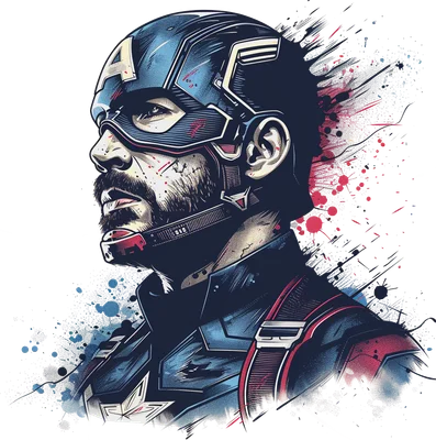 Hình minh họa Captain America râu quai nón với mũ xanh và trang phục đỏ xanh, hiệu ứng màu nước bắn tung tóe trên nền xám.