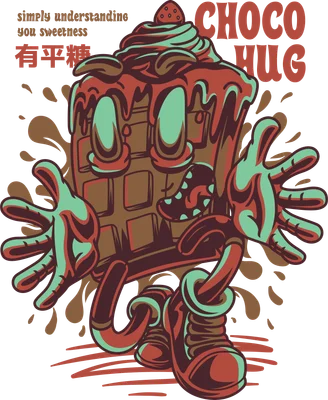 Hình in hoạt hình bánh waffle socola kem dâu với mắt to, miệng cười, tay chân vươn ra, chữ Choco Hug.