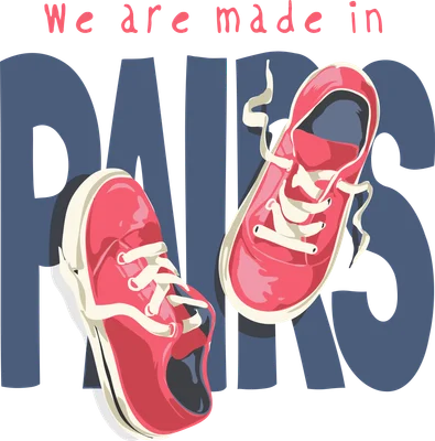 Hình minh họa hai chiếc giày sneaker màu đỏ, dây trắng, với dòng chữ 'We are made in PAIRS' trên nền xám. Phong cách hoạt hình.